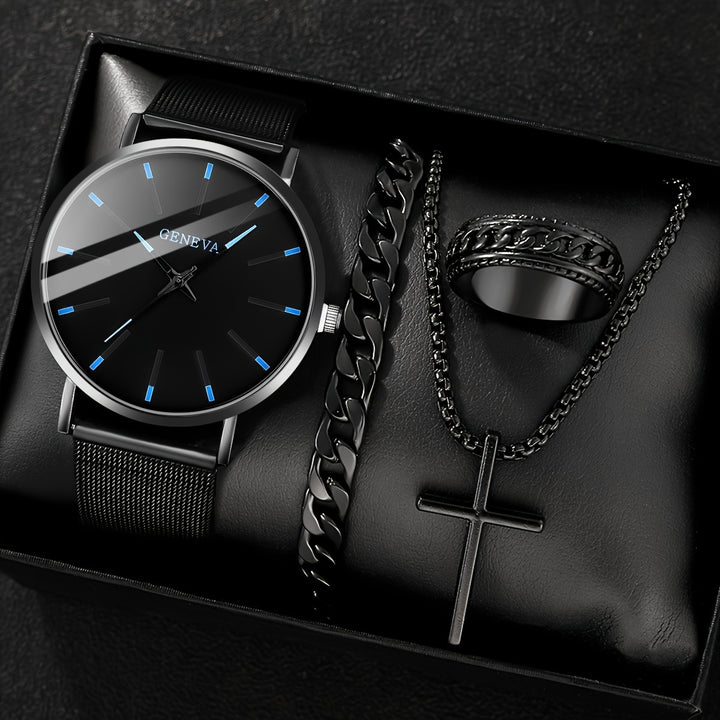 TIMERITE | 4-Piece Vintage Men’s Accessory Set – Quartz Watch & Jewelry